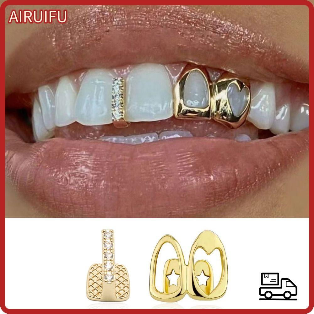 AIRUIFU Grillz, ทองแดงเงา Hip Hop ฟัน Grillz, Hollow Heart Gold สี Double Heart ฟันหมวกฟันเครื่องประ