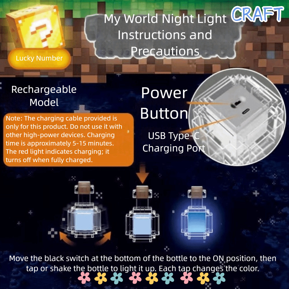 Craft My World Mini LED Night Light, USB Type-C, เปลี่ยนสีได้ 8 สี, ของเล่นไฟตั้งโต๊ะ