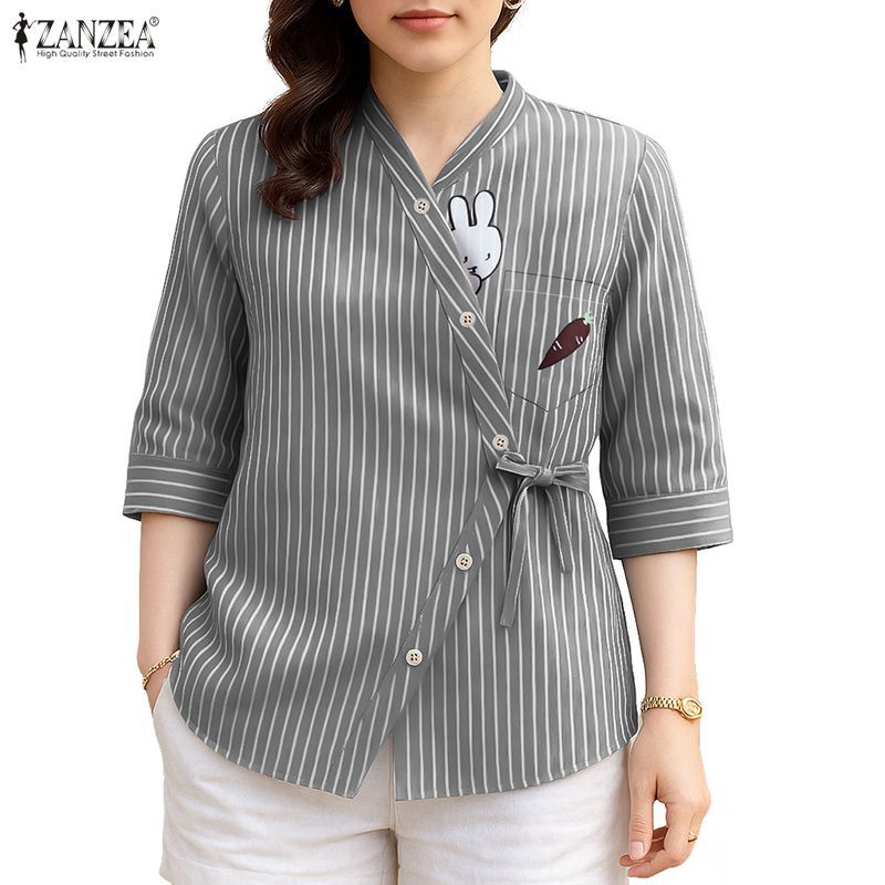 ZANZEA สไตล์เกาหลีสำหรับผู้หญิง ลายเส้นเรียบง่ายสำหรับการทำงาน V คอ Tie-Up กับการ์ตูนพิมพ์ไม่สม่ำเสมอ
