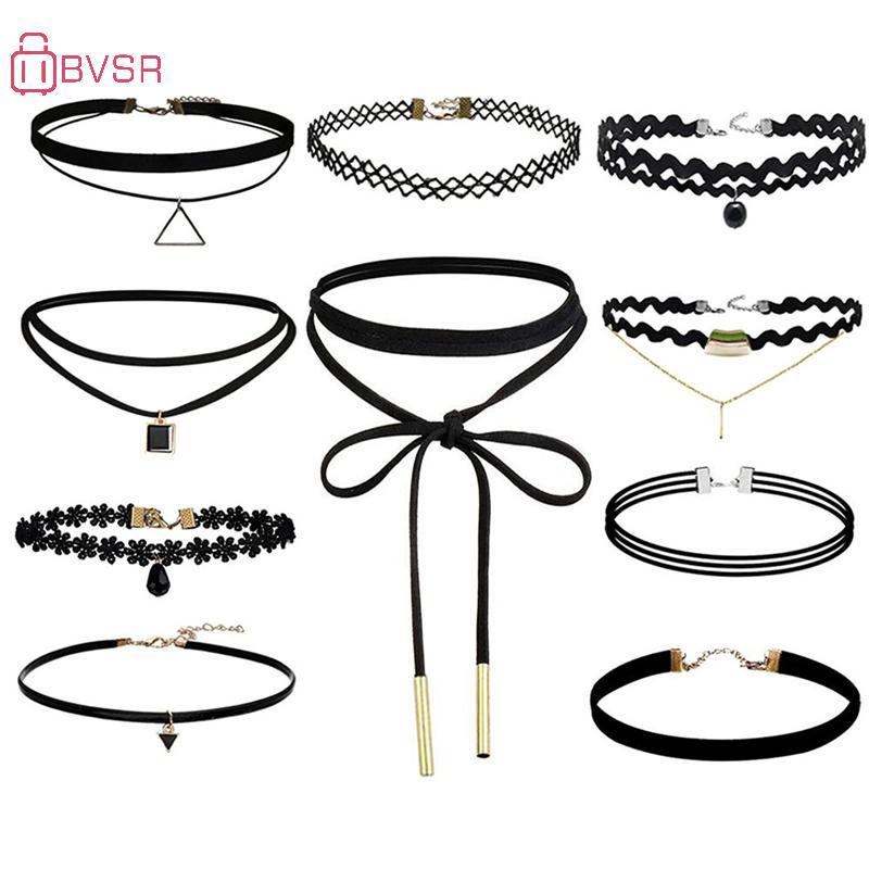 BVSR 10 ชิ้นสร้อยคอโชคเกอร์สีดําคลาสสิกกํามะหยี่ยืดสร้อยคอสักโกธิค TH