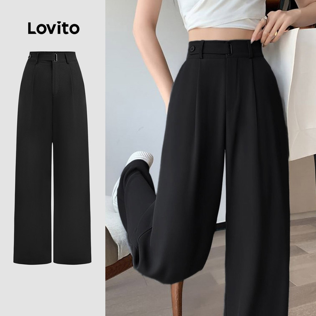 Lovito กางเกงลำลองหัวเข็มขัดโลหะสำหรับฤดูร้อน/ฤดูใบไม้ผลิสำหรับผู้หญิง L129ED459