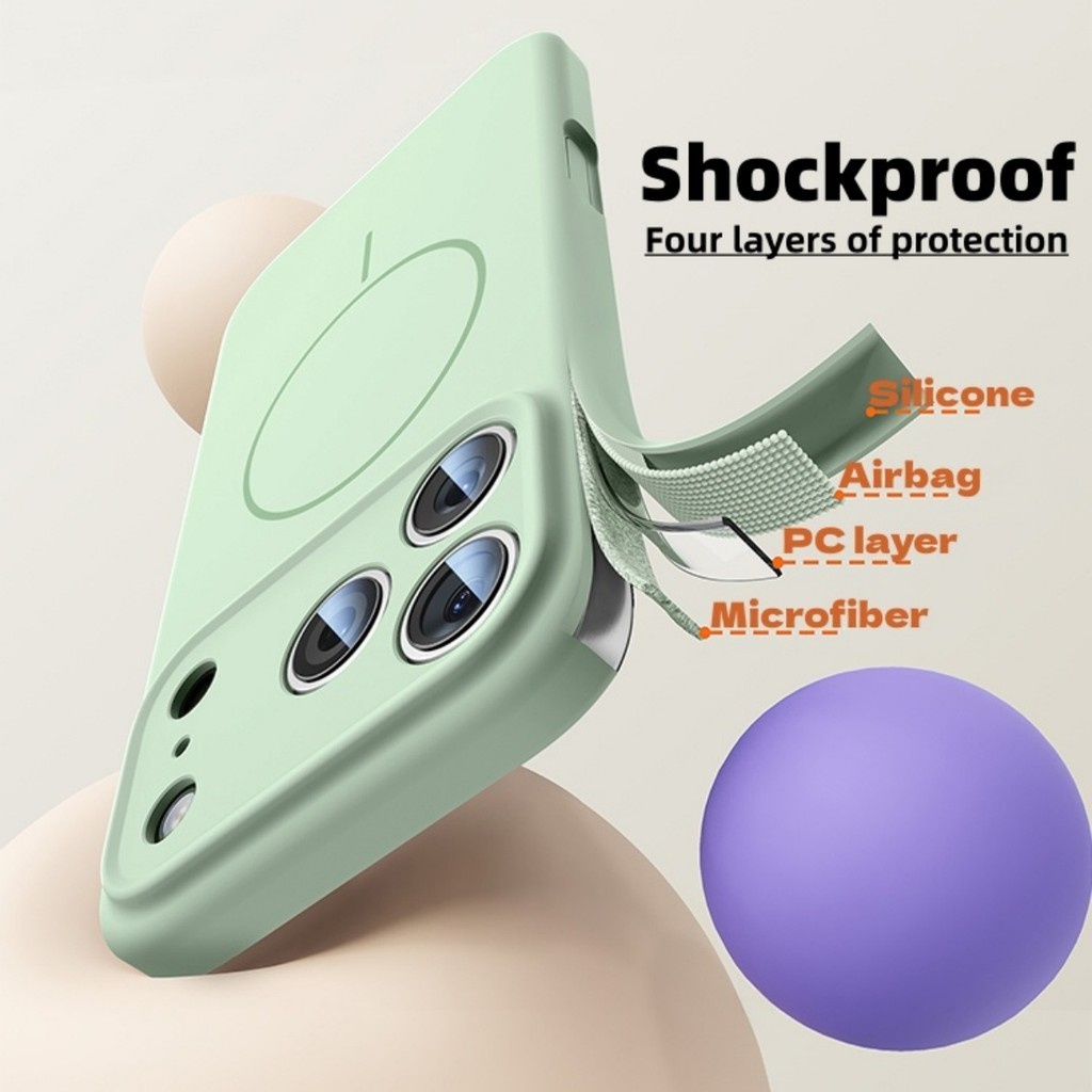 ใหม่ Minimalist Solid Matte Anti-Fingerprint ซิลิโคนเคสโทรศัพท์แม่เหล็ก Air-Cushion สําหรับ iPhone 17 16 15 14 13 12 Pro Max | Sage Green Luxury เคสกันกระแทก - รูปที่ 5