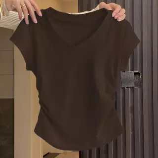 สาวลดอายุ ความรู้สึกของการออกแบบ แต่งจีบย่น เสื้อจั๊มเอว คอกลม ใส่แล้วเพรียว แขนสั้น "เสื้อเชิ้ตเอวลอยผู้หญิง "