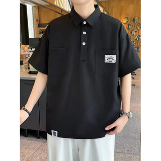 เสื้อดำคอปก สีดำ เสื้อเชิ้ตแขนสั้นสีสะอาดเสื้อเชิ้ตแขนสั้นสามสีตัวเลือก M-3XL