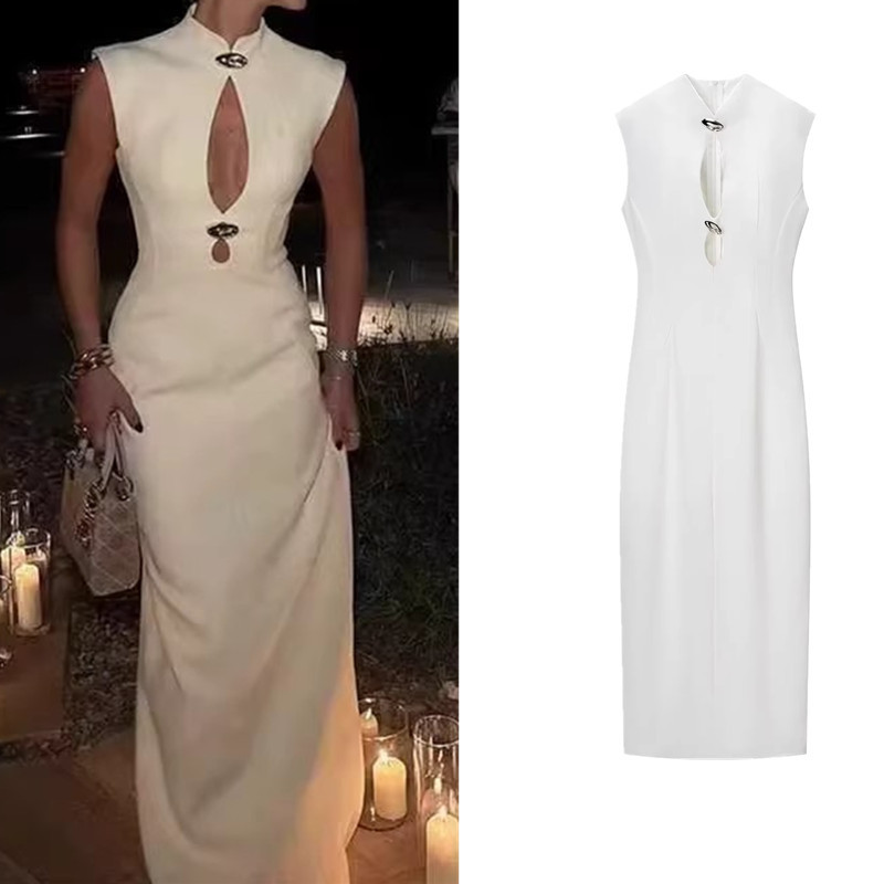 ZZA Stand Collar Sleeve Hollow Ripples Long Straight Dress