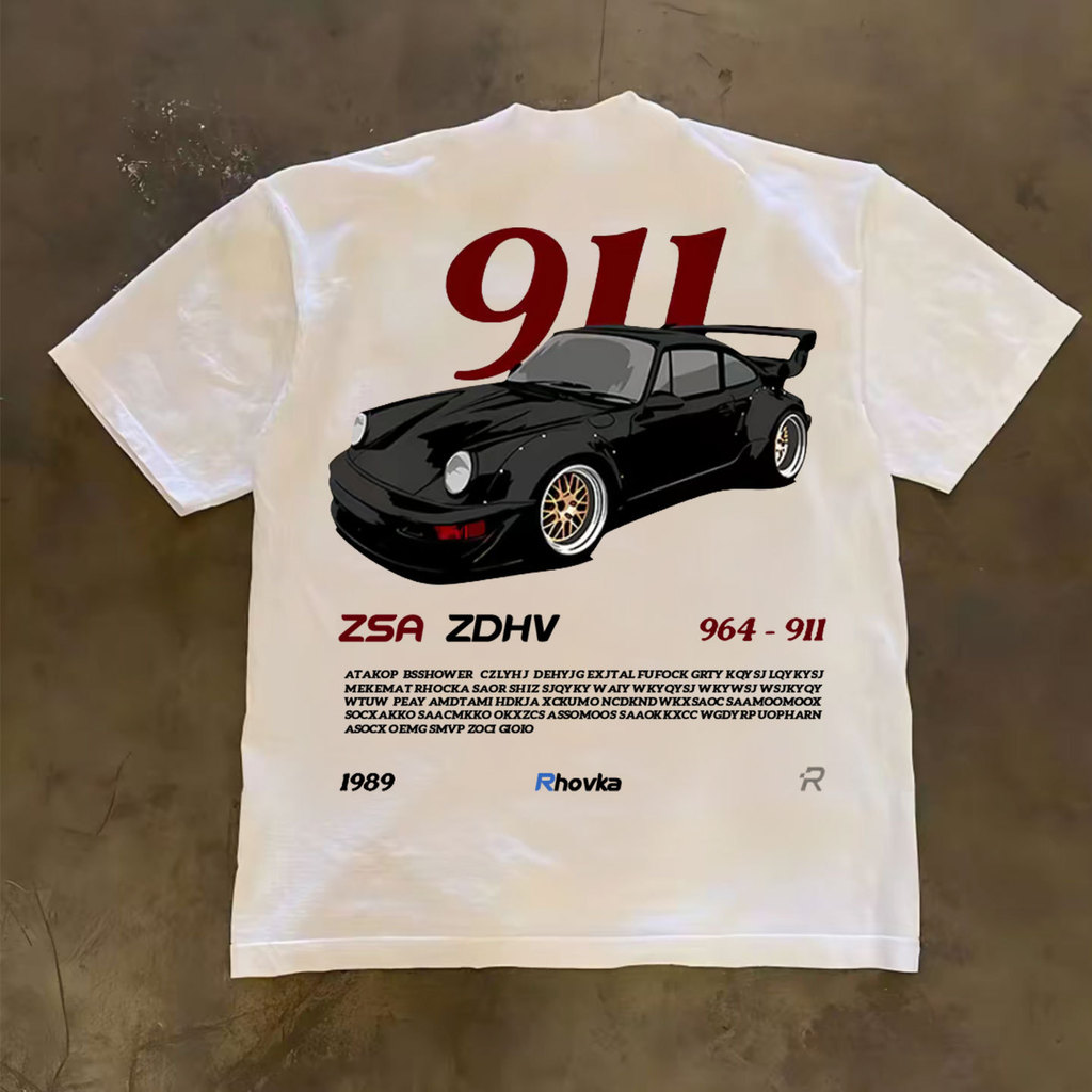 เสื้อยืดผู้ชายลายรถสปอร์ต 911 คอตลมแขนสั้น ผ้าฝ้าย 180g ทรงหลวม สไตล์สตรีทวินเทจ ใส่ได้ทุกฤดู เหมาะกับชีวิตประจำวัน สีขา