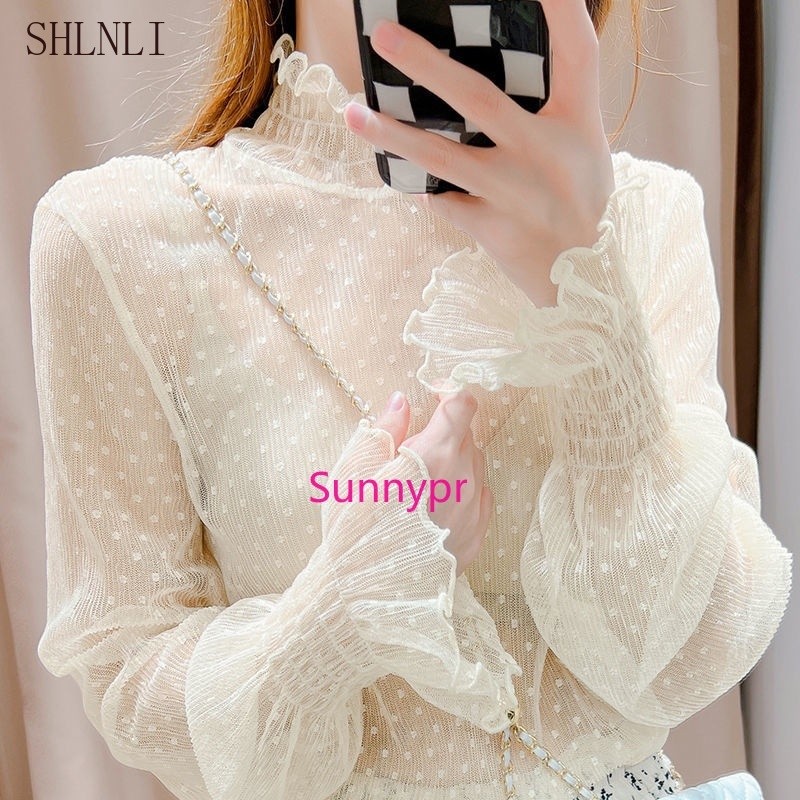 เสื้อลายไม้กระชับสัดส่วนผู้หญิงสำหรับฤดูใบไม้ผลิ-ฤดูใบไม้ร่วง แขนบานและตาข่ายด้านหลัง