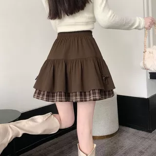 กระโปรง-mini เอวสูงสีกาแฟ พร้อมโบว์ ลายเชคเกอร์ แฟชันฤดูใบไม้ผลิ