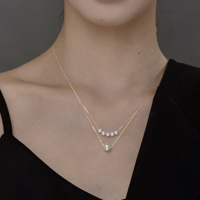 NYMPH สร้อยคอมากี้ Pearl 18K Gold สองเลเยอร์ ของขวัญวันครบรอบสำหรับผู้หญิง X529