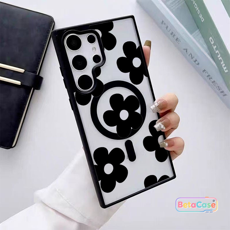 เคสแม่เหล็ก Samsung เคสแม่เหล็กลายดอกไม้ดำ หวานและเท่ๆ ดีไซน์ใหม่ S26 S26U S26PLUS S25PLUS S25U S24U S23U S23 S22U