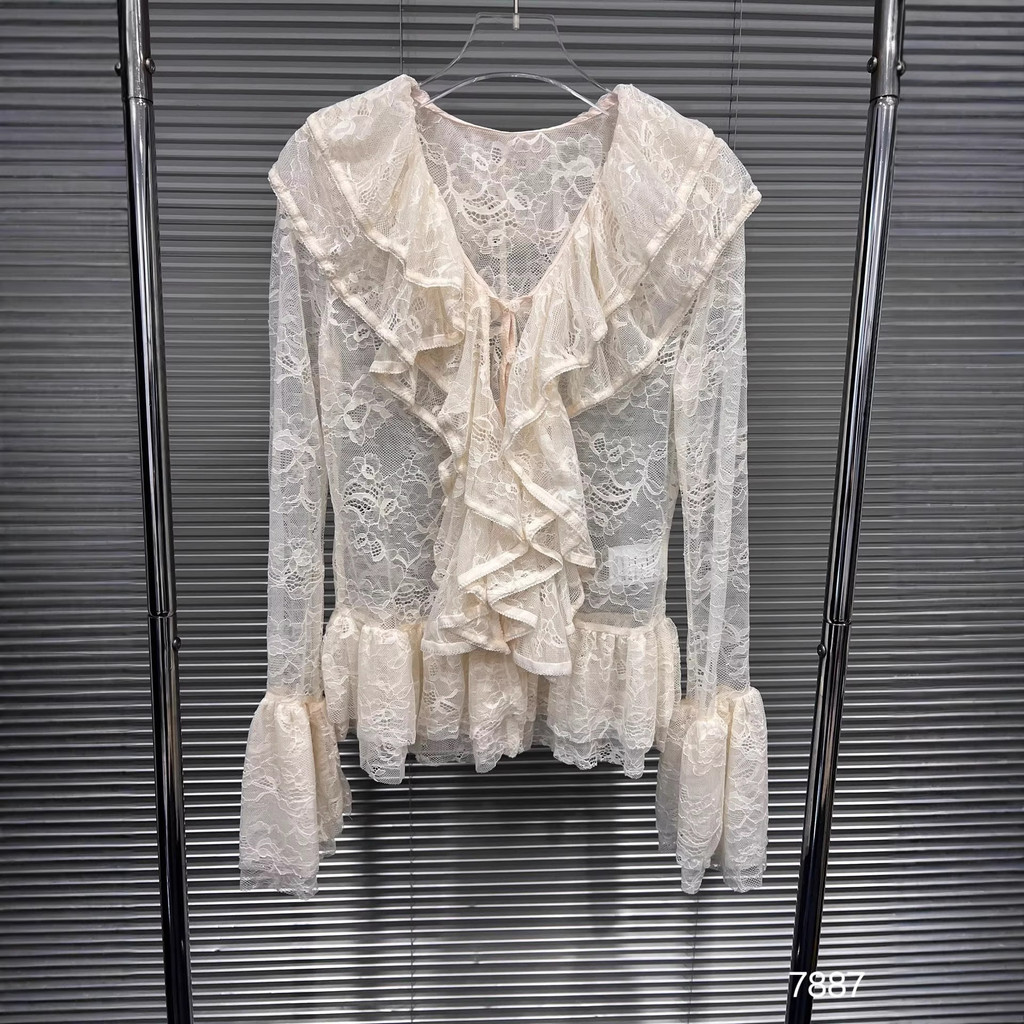 XK2M 2026New Spring Design in Pure Desire Style Lace V Women's see-through top with ruffled collar