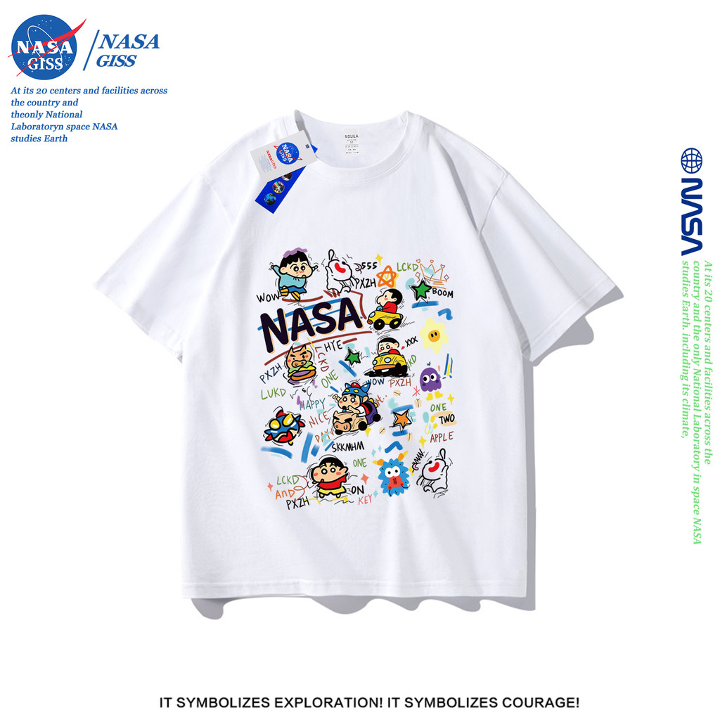 NASA เสื้อยืดชายหญิงแขนสั้น สไตล์ลำลอง summer กราฟฟิตี้เครยอนชินจัง พิมพ์ลาย คอตตอน คอกลม หลวมและระบายอากาศ