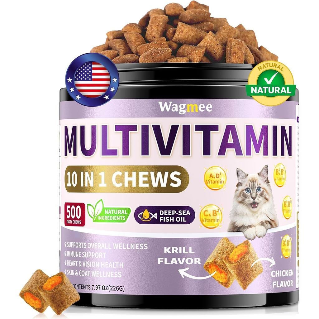 วิตามินรวมแมวพร้อมน้ํามันปลา 500 Crunchy & Creamy Chews - 10 In 1 วิตามินรองรับพลังงาน, กระดูก, ข้อต