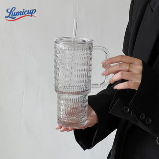 แก้วน้ำแก้วใสสไตล์วินเทจ 720ml มีหูจับ พร้อมฝา+หลอด แก้วกาแฟ/ชานม/น้ำผลไม้ ขนาดใหญ่ ทนร้อน-เย็น