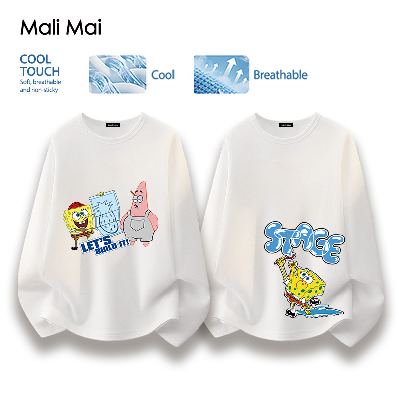 ผ้าคอตตอนผสมโพลีเอสเตอร์ เสื้อยืดแขนยาว SpongeBob SquarePants ดีไซน์เท่ๆ (ส่งเร็ว จัดส่งจากไทย)