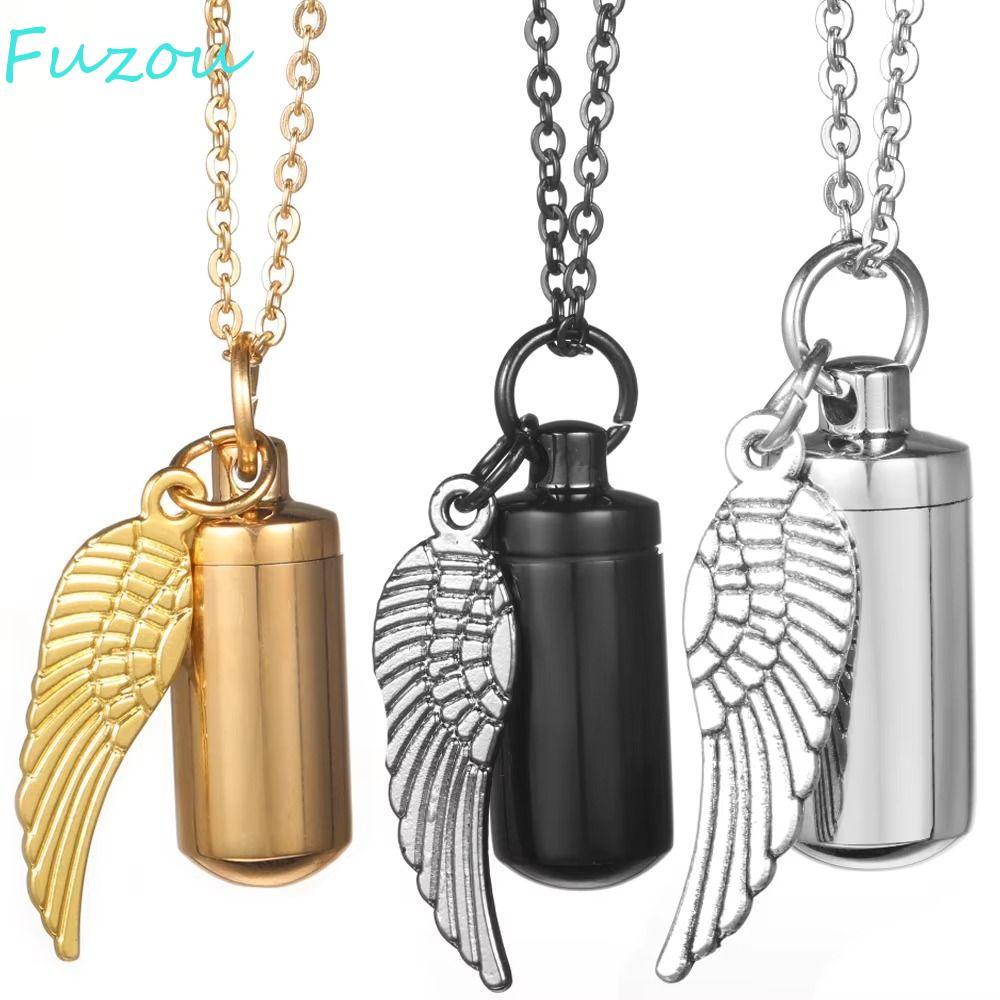 FUZOU สร้อยคอ Urn ศพ, Creative Vintage Mini Ashes Urn จี้, จี้กระบอก Ash Urn สแตนเลสเปิดขนนกอนุสรณ์ส