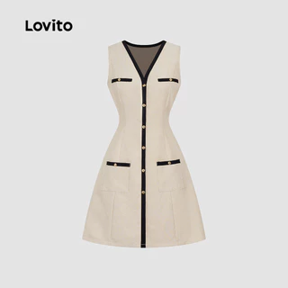 Lovito แคชชวล ชุดเดรสสีบล็อกปุ่มสำหรับผู้หญิง สไตล์ฤดูใบไม้ผลิ/ฤดูร้อน L143ED612