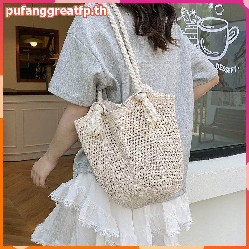 PUCEFP กระเป๋าสะพายสตรีลําลองถักสุภาพสตรี Handmade Totes ความจุขนาดใหญ่ Summer Hollow Beach Bag.