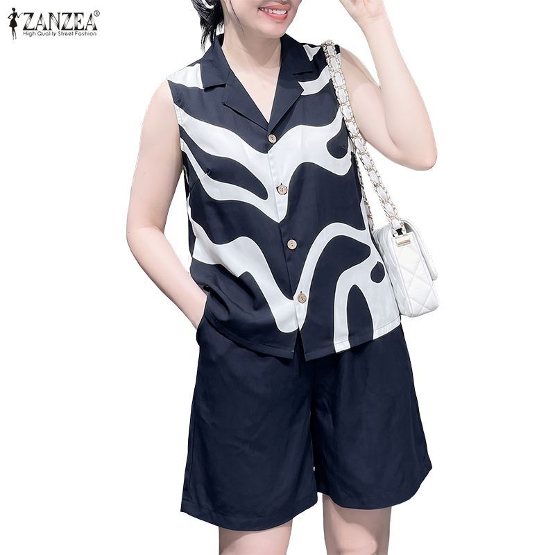 ZANZEA ใส่ ซานเซีย ผู้หญิงวันหยุดเกาหลีสไตล์ปกปุ่มขึ้นแขนกุดคลื่นพิมพ์กางเกงขากว้างสองชิ้น