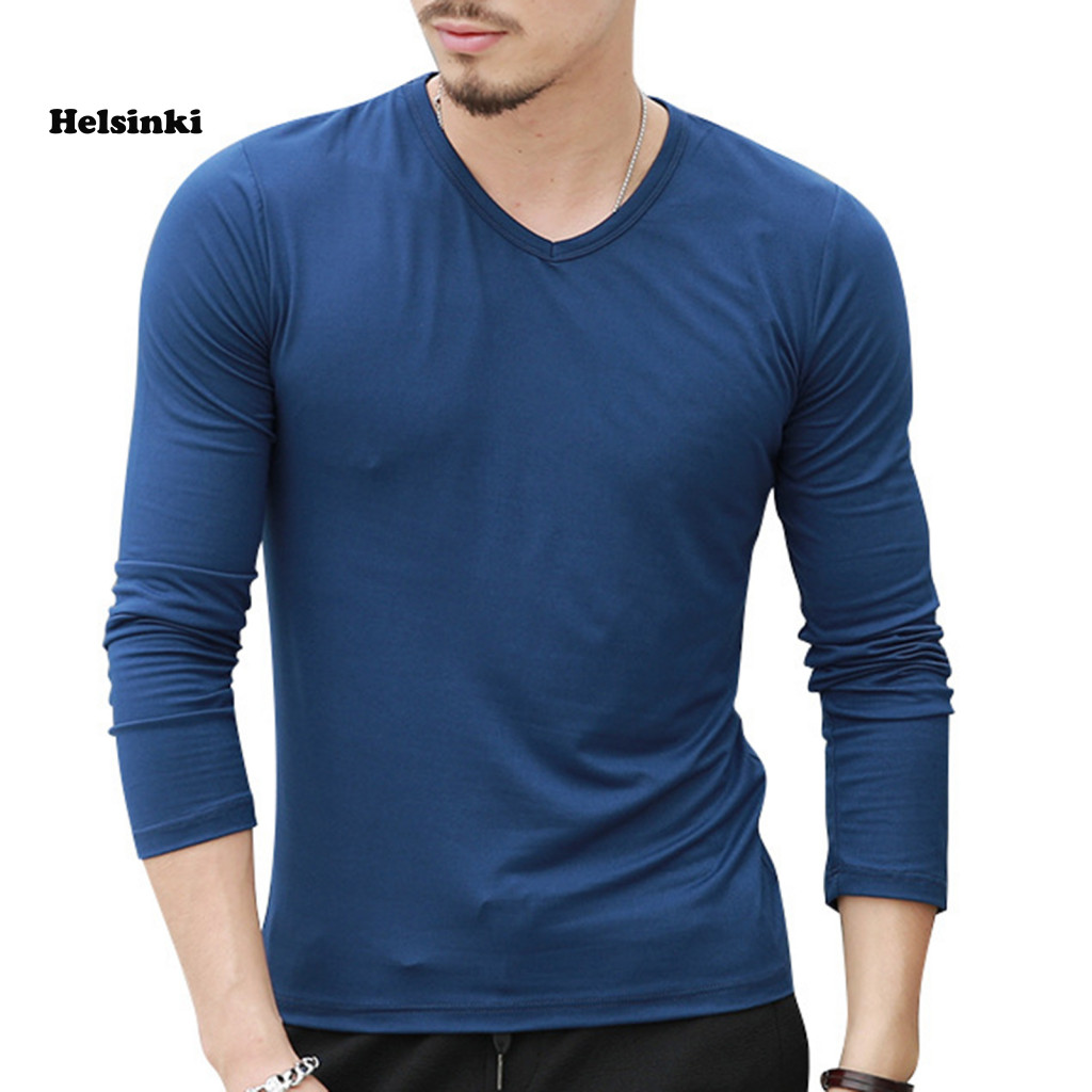 HLS Bottoming เสื้อสีทึบหด V คอผู้ชาย Slim เสื้อยืด