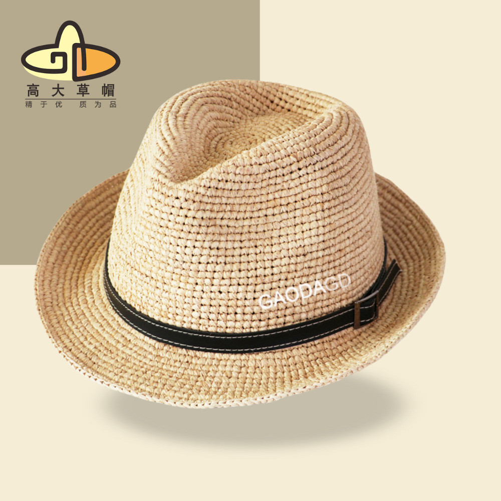 Spot Goods#Raffia jazz hat, British style top hat for men, black with buckle decoration, sun protect