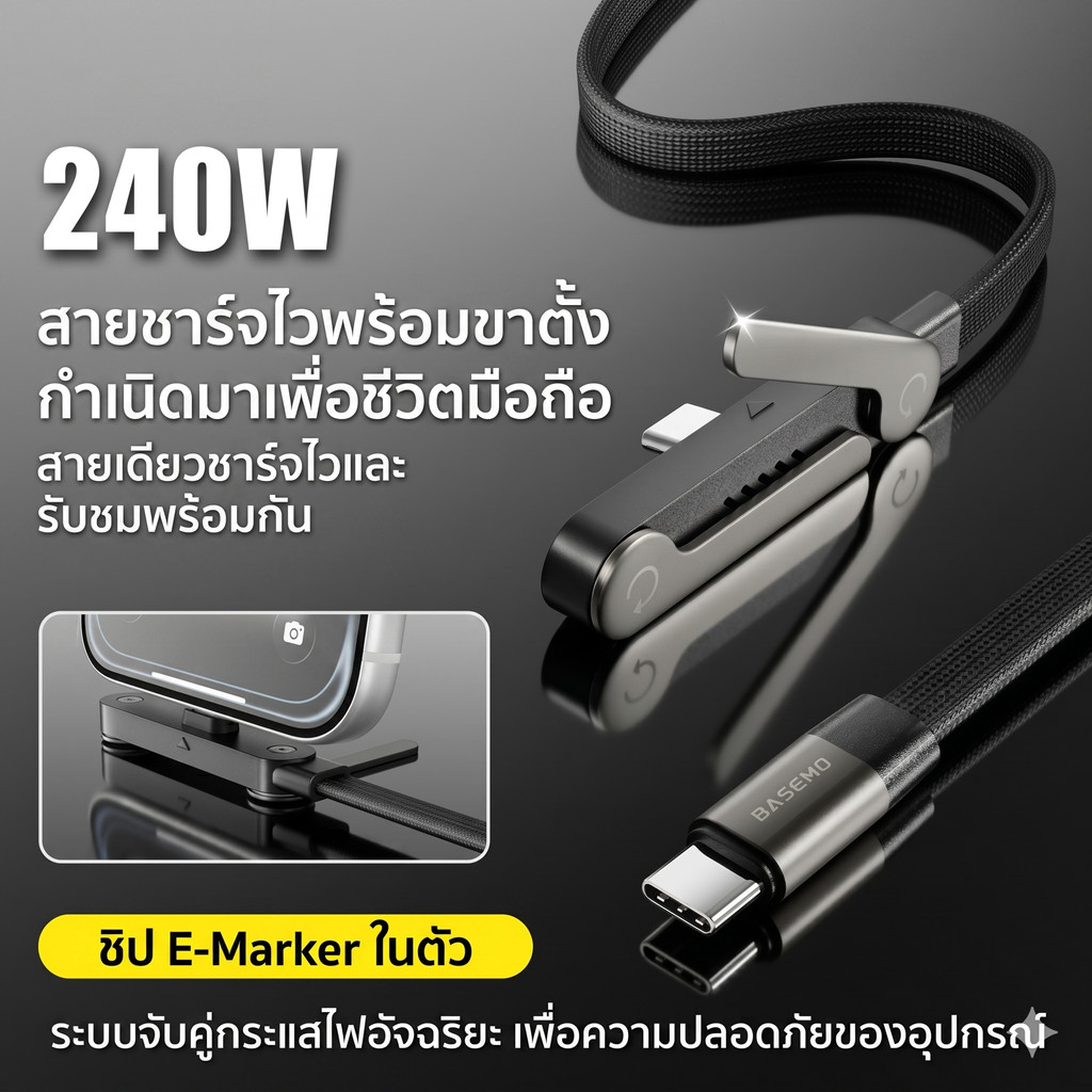 240W สายชาร์จเร็ว หัวงอ 90° พร้อมขาตั้งพับได้ 2in1 สายถักทนทาน ชาร์จไวพิเศษ สำหรับแท็บเล็ต/แล็ปท็อป/พอร์ต Type-C