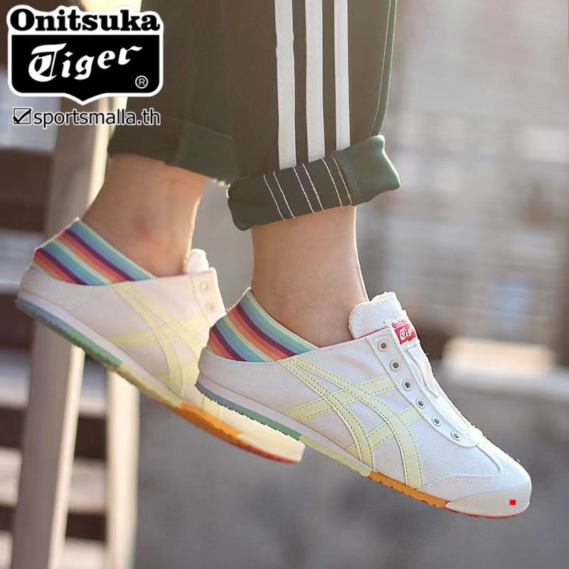 JR9D PZOX Onitsuka MEXICO 66 SLIP-ON Rainbow Breathable ผ้าใบผู้ชายผู้หญิงรองเท้า All-Match รองเท้าผ