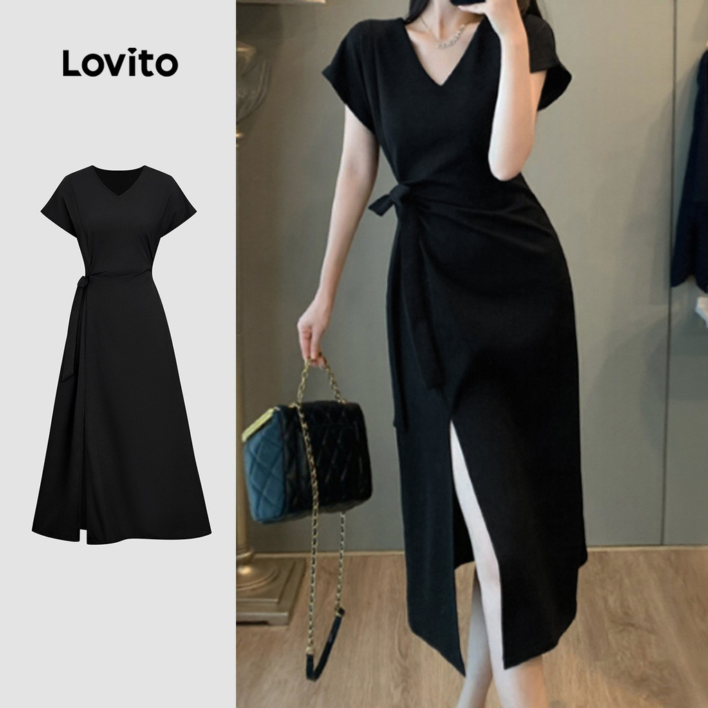 Lovito เดรสสีดําสําหรับฤดูใบไม้ผลิ/ฤดูร้อนของผู้หญิง ดีไซน์ลูกไม้ขึ้น เรียบง่าย ใส่สบาย L172ED137