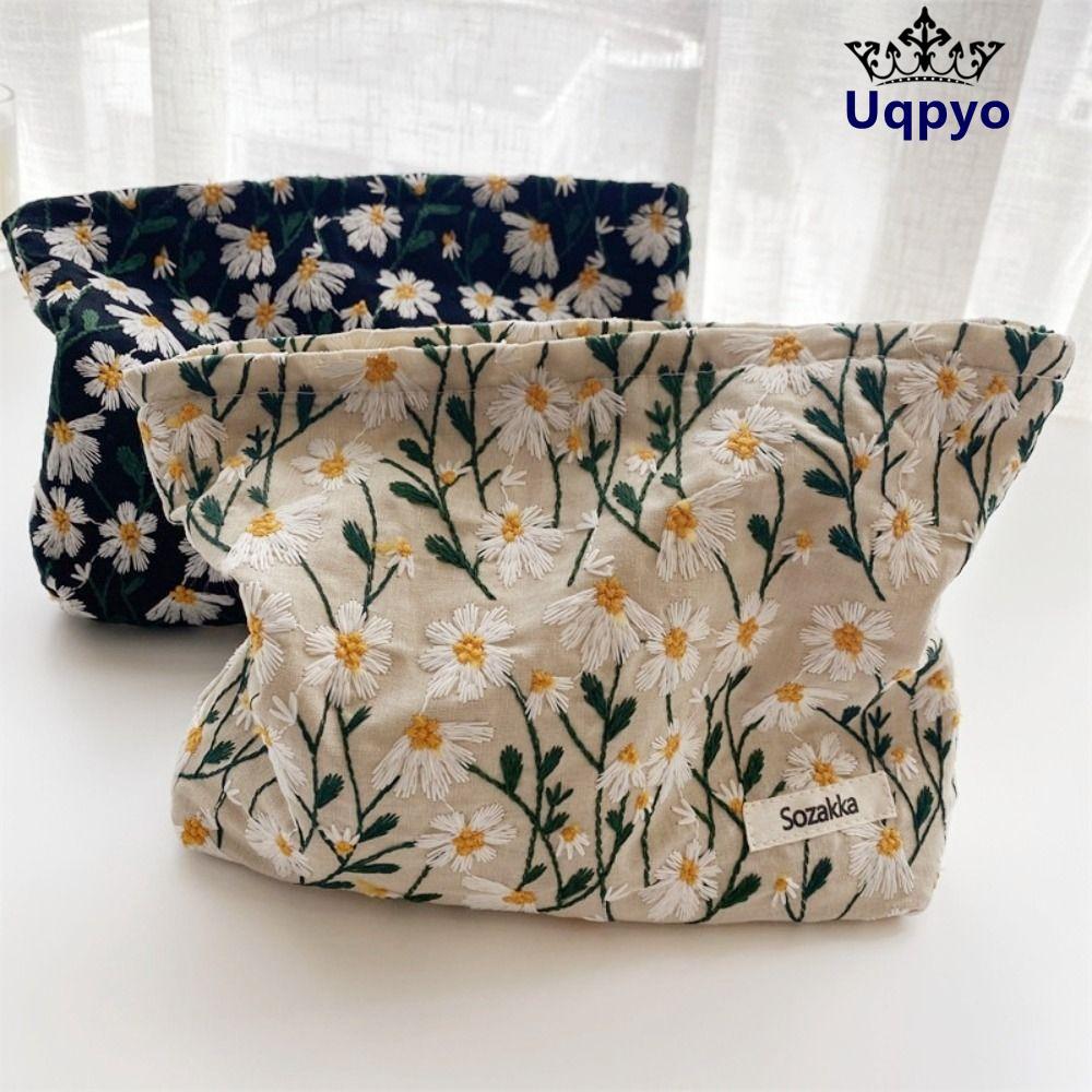 กระเป๋าเครื่องสําอาง uqpo, เย็บปักถักร้อยเดซี่สไตล์เกาหลีแต่งหน้า,ผ้าใบลายดอกไม้แบบพกพาพร้อมซิปกระเป๋าใส่อุปกรณ์อาบน้ําสําหรับเดินทางกลางแจ้ง