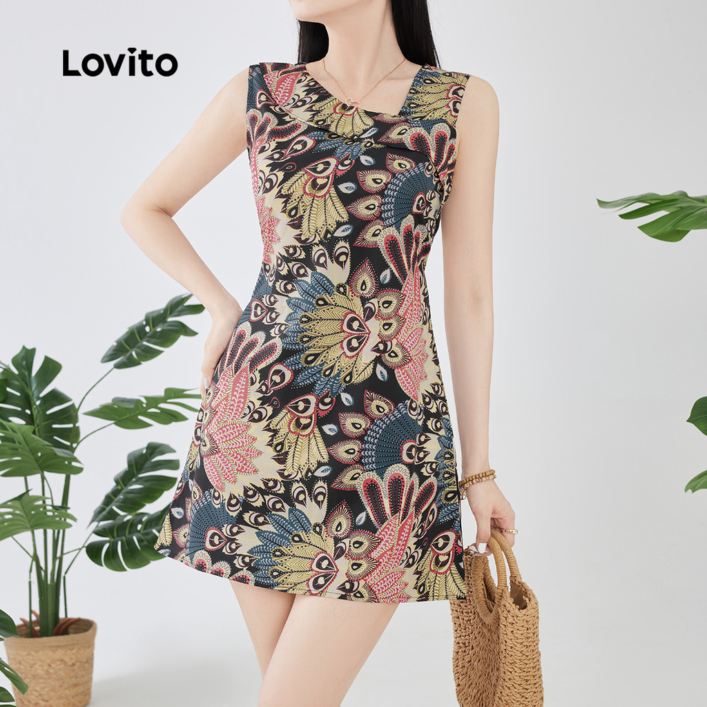 Lovito โบฮีเมียนชุดเดรสซิปไม่สมมาตรฤดูใบไม้ผลิ/ฤดูร้อนหลากสีสําหรับผู้หญิง L134ED100