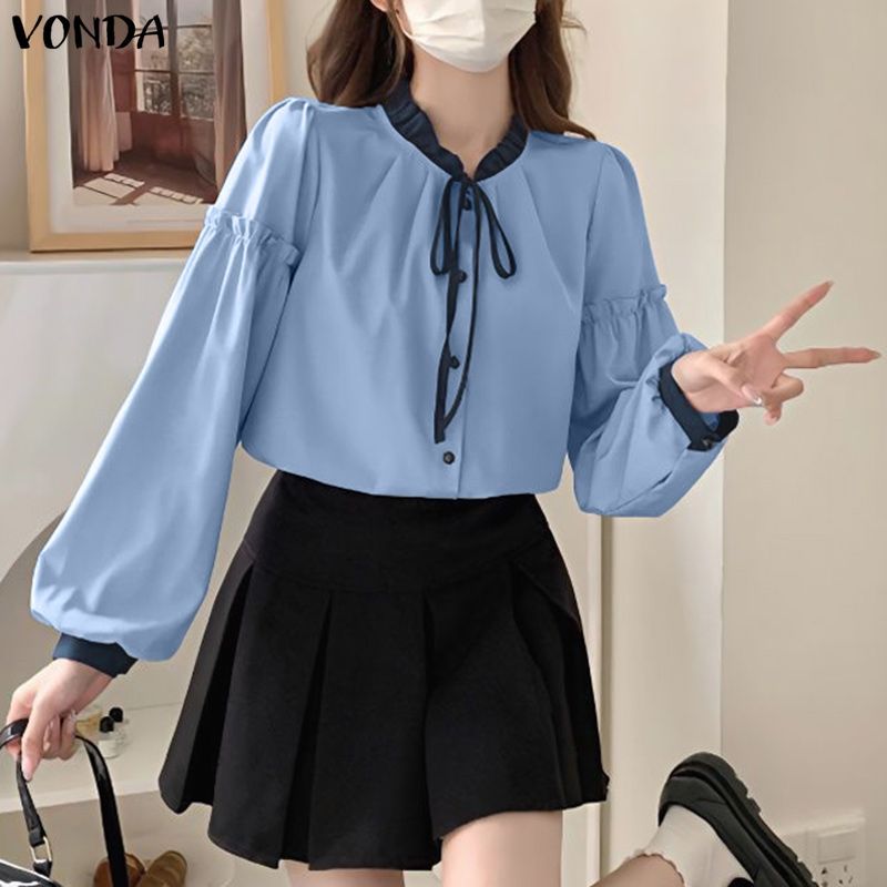 VONDA เสื้อแขนยาวสไตล์เกาหลี ลายบล็อกสีดำและลูกไม้ เปิดหน้าแบบเอช เชิญชวนให้คุณสวมใส่ในสไตล์สบายๆ — صورة 5