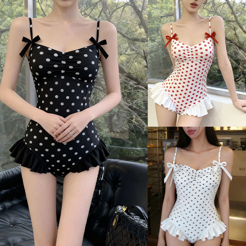 ชุดว่ายน้ำสลิงผู้หญิง ลาย Polka Dot Bow เซ็กซี่ ทรงกระชับรูปร่าง ออกแบบมาสำหรับปกปิดหน้าท้อง พร้อมสวมใส่ได้อย่างสวยงามในริมทะเล