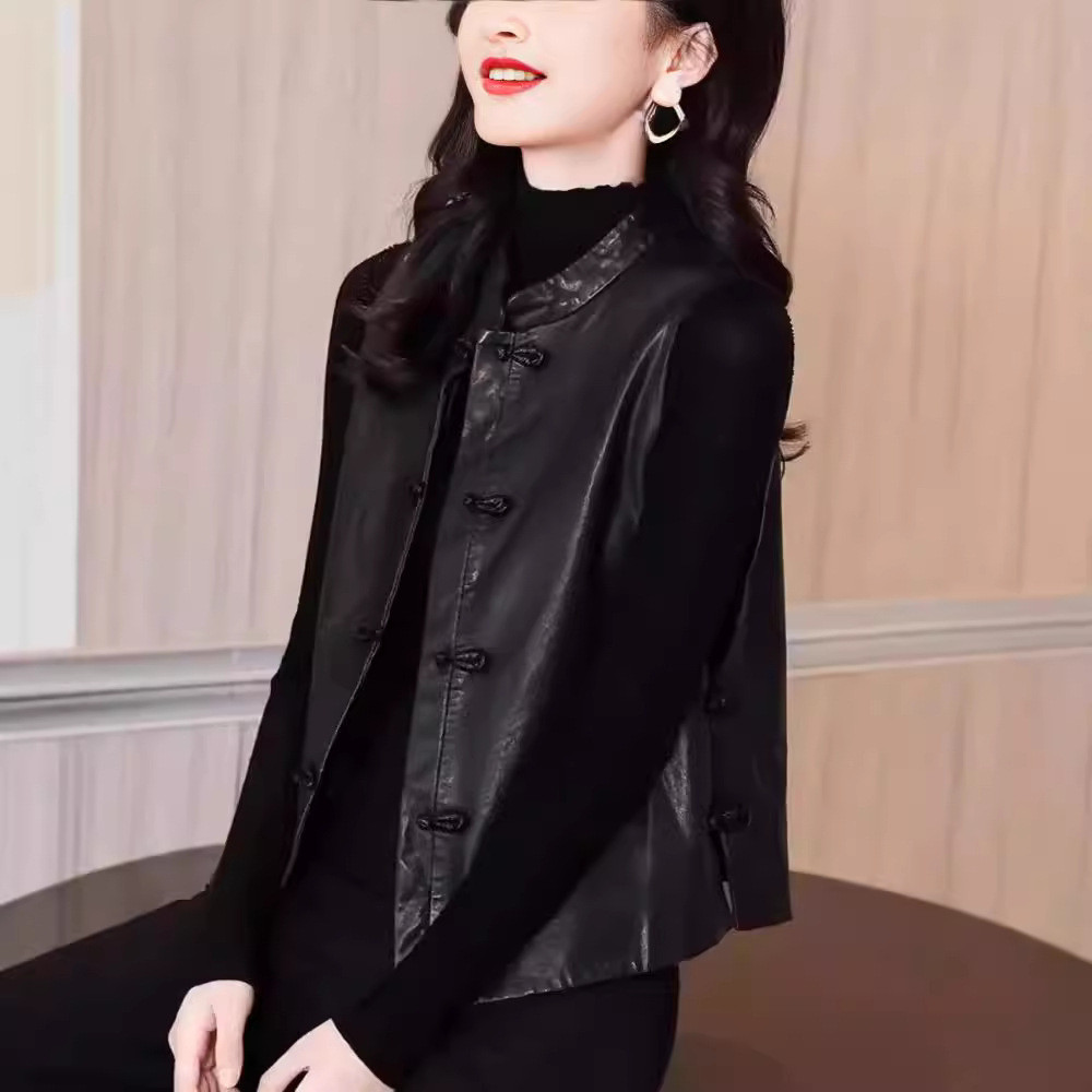 ใหม่สไตล์ประเทศหัวเข็มขัดผู้หญิงเสื้อกั๊กผู้หญิงหนังแท้หนังแกะ Retro Slimmer ดูภายในเสื้อกั๊ก Stand-