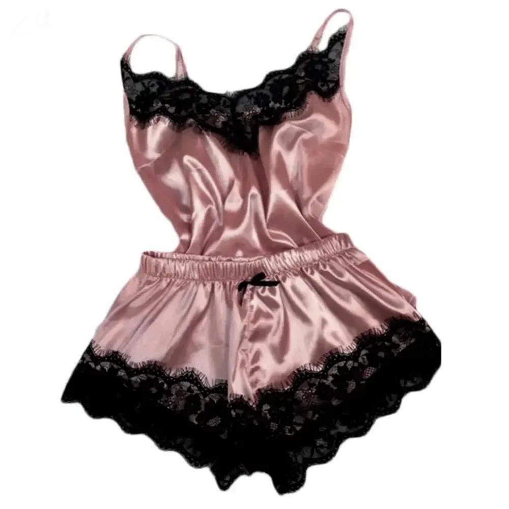 Lace Satin Pajama Set for Women Sleepwear V-Neck Stretch Sexy Lingerie Strap Vest Top Shorts Nightwe