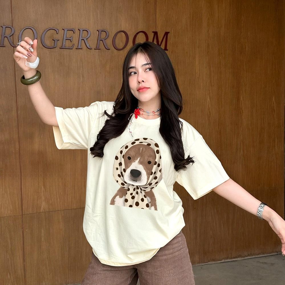 เสื้อสาวอวบ เสื้อยืด oversize ไม่ต้องรีดผ้า สวมใส่สบาย วินเทจ ผ้านิ่ม ลาย "Bandana dog" แนวสตรีท