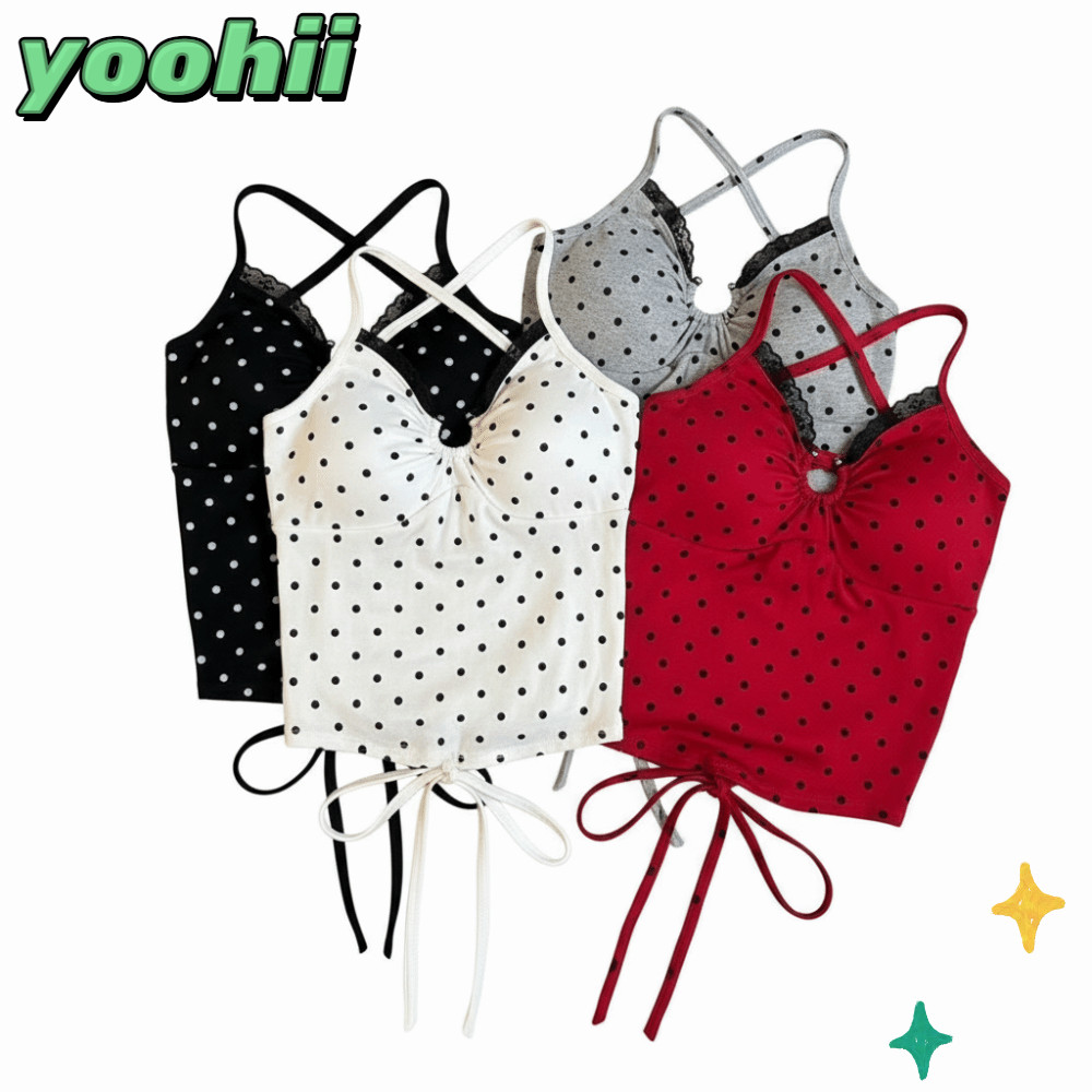 YOOHII Crop Vest Tops, ลูกไม้สปาเก็ตตี้ Polka Dot ผ้าฝ้ายถัง,หวาน Cross Backless V คอออกแบบ Ropa Muj