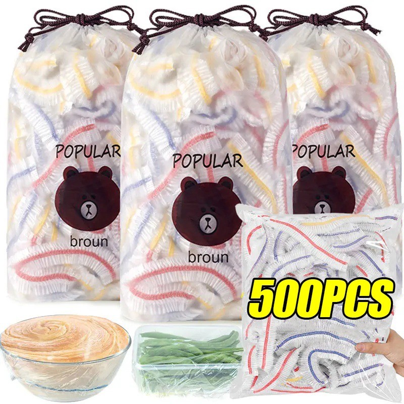 50-500 ชิ้น ฝาครอบอาหารใช้แล้วทิ้ง - ฝาครอบพลาสติกยืดหงายสีสดใส - ถุงบรรจุภัณฑ์ครัวเรือน ถุงเก็บของ