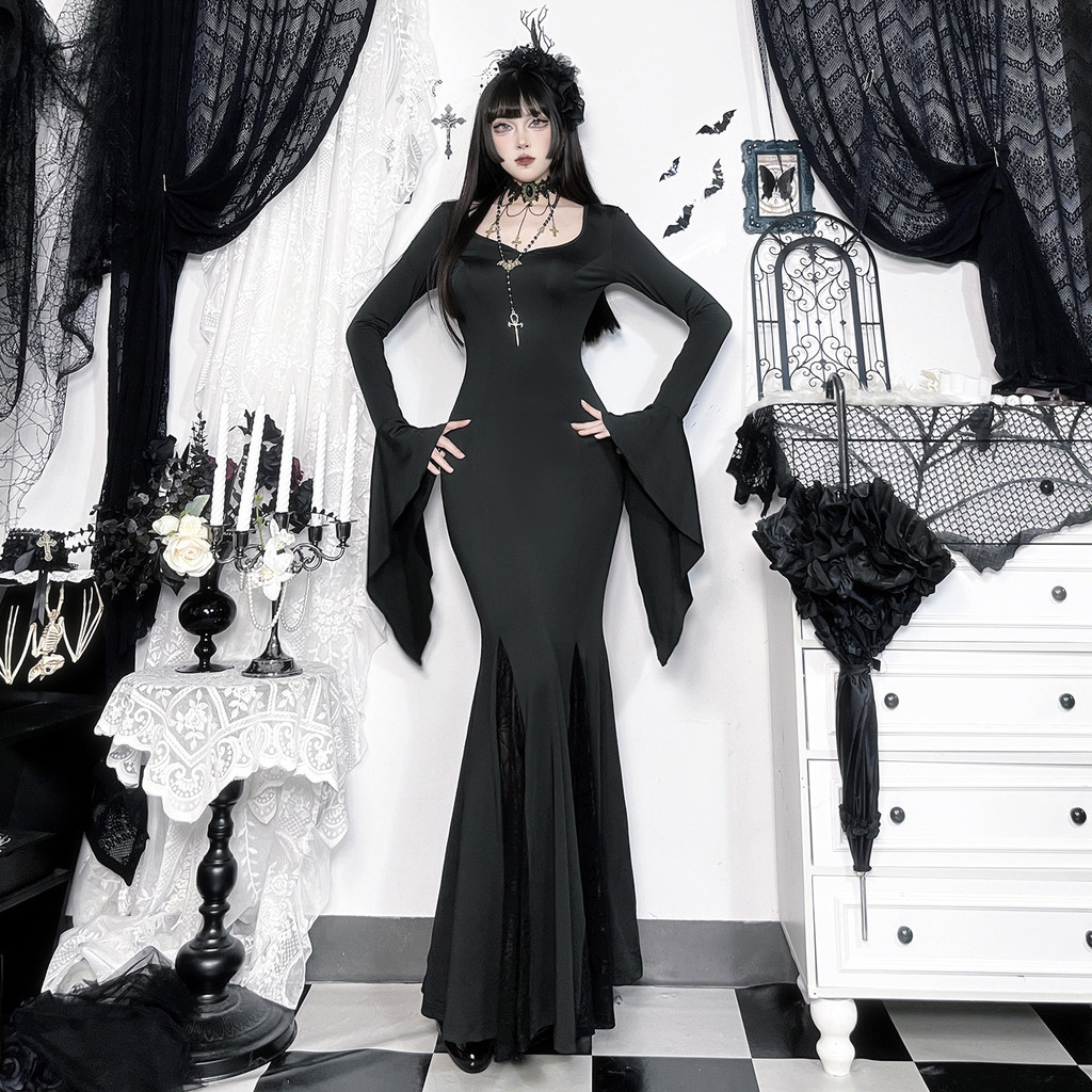 2026 ชุดเดรสยาวสไตล์โกธิคใหม่สไตล์สีเข้ม Addams Family Spider Web Lace Mermaid Dress