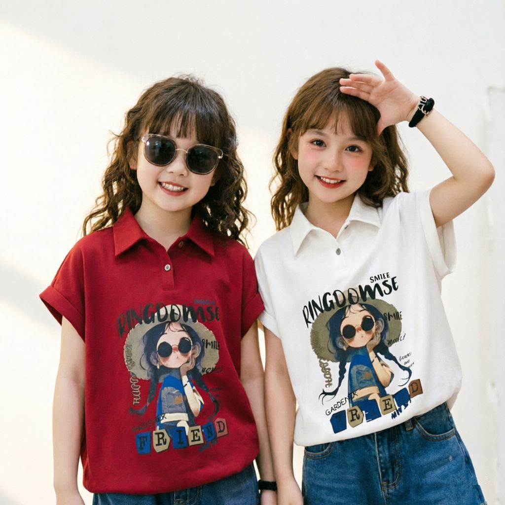 [RJ] เสื้อโปโลแขนสั้นสไตล์เกาหลี ขนาด 90-160 ซม. สีลูกกวาด น่ารักสำหรับสาว ๆ