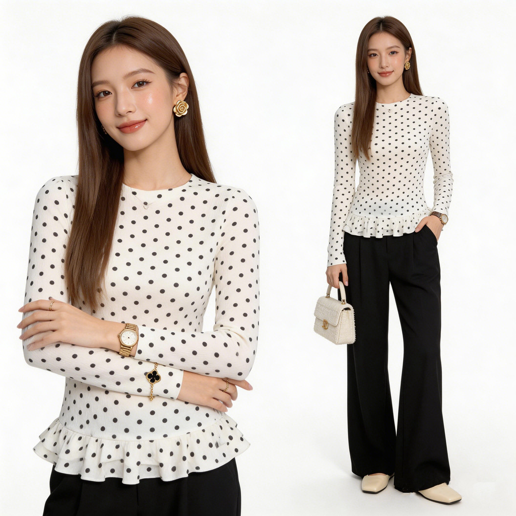 เสื้อยืดผู้หญิง Polka Dot Ruffled Long Sleeve Top🔥ชุดเดรสสวยๆ🔥