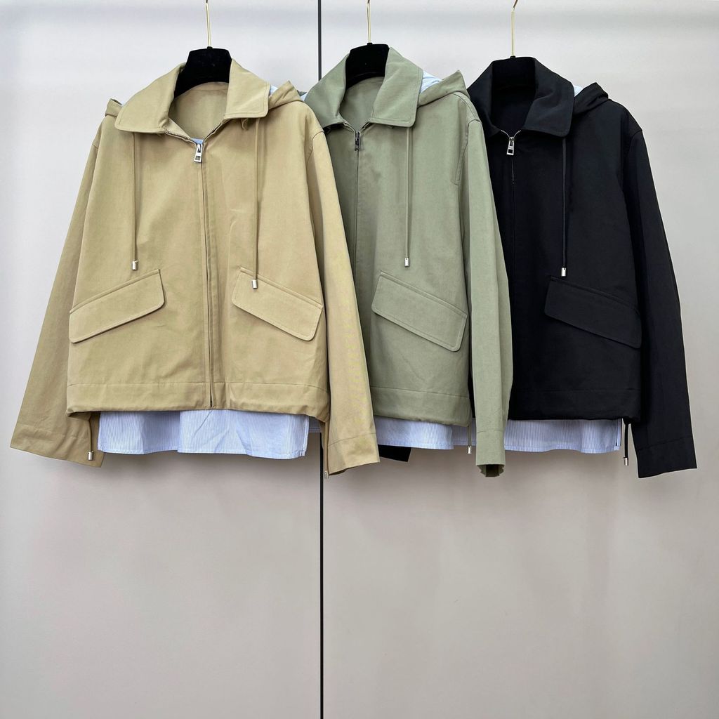 11T1 Ch'''' Striped Patchwork Lined Faux Two-Piece Hooded Jacket for Women, Workwear Style Loose Car