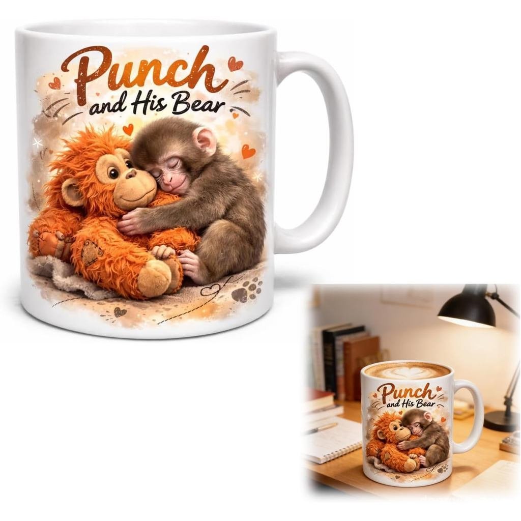แก้ว Punch And His Bear, Punch The Monkey Cup, 11oz Ceramic Cute Little Monkeys Design Coffee Cup Gi