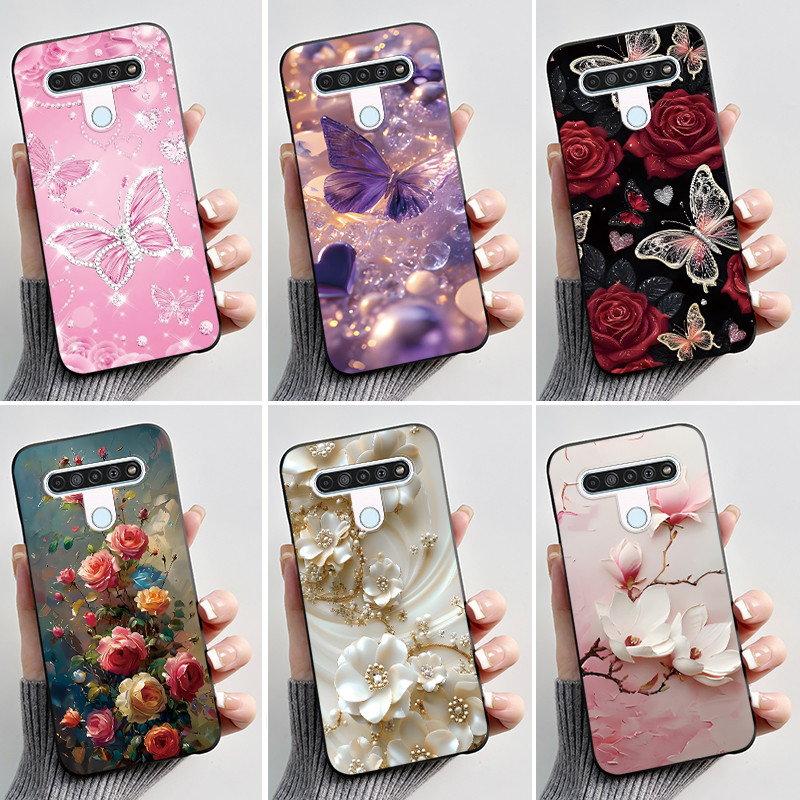 สําหรับ LG Q61 LM-Q630N Slim สีดําซิลิโคนนุ่ม Jelly กรณีแฟชั่นดอกไม้ผีเสื้อทาสีสําหรับ LG K61 Q61 Q6