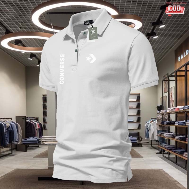 【polo】 เสื้อโปโล Converse Text Logo ซ้ายขวาขาว | เสื้อโปโลผู้ชายแขนสั้น | เสื้อยืดยูนิฟอร์ม Premium Motif