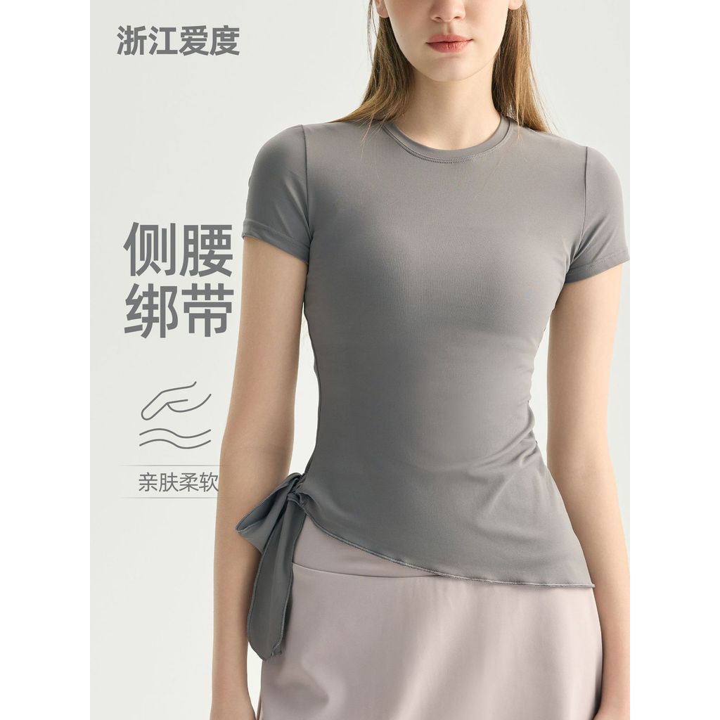 Laced-Up โยคะแขนสั้นผู้หญิงBreathable All-Matchเสื้อผ้าโยคะTop Diagonal Skinnyกีฬาเสื้อยืดพิลาทิสฟิต