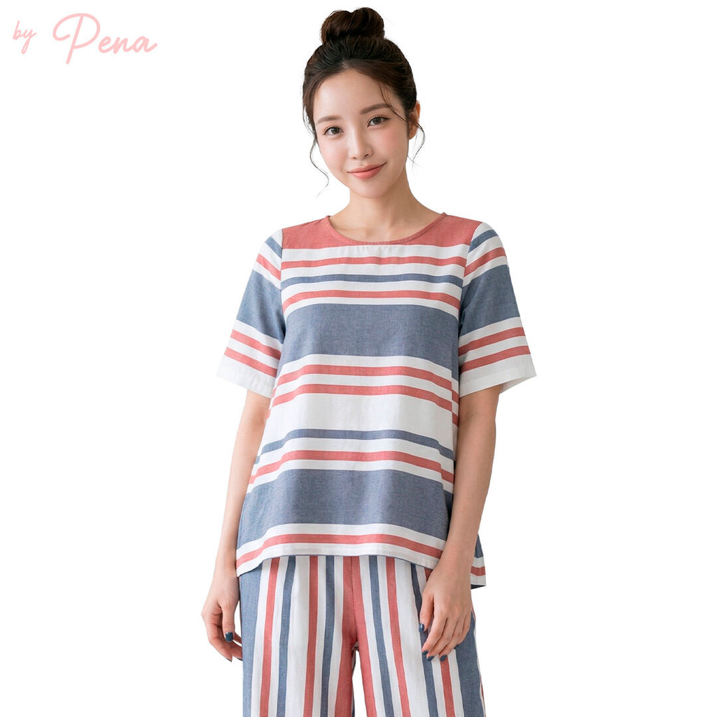 By Pena เสื้อเบลาส์แขนสั้น พิมพ์ลายริ้ว Multi-Color ทรง A-Line BPSS032601