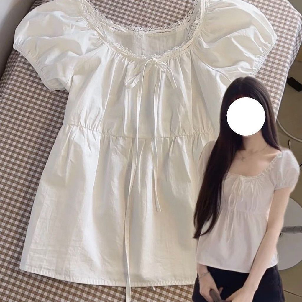 เสื้อลูกไม้สีขาบรัดรูปรับซัมเมอร์ใหม่ ทรงสแควร์คอกับแขนสั้น ผอมเพรียว
