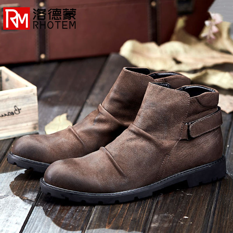 Lordmond High-End Retro Martin Boots ผู้ชายอินเทรนด์สไตล์ใหม่รองเท้าสั้นผู้ชายจีบ Cowhide Mid-Top Ch