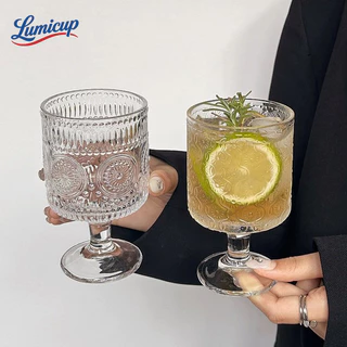 แก้ววินเทจมีขา 220ml แก้วแกะสลัก Retro Glass Goblet ถ้วยแก้วลายหรู สำหรับกาแฟ ไวน์ ค็อกเทล