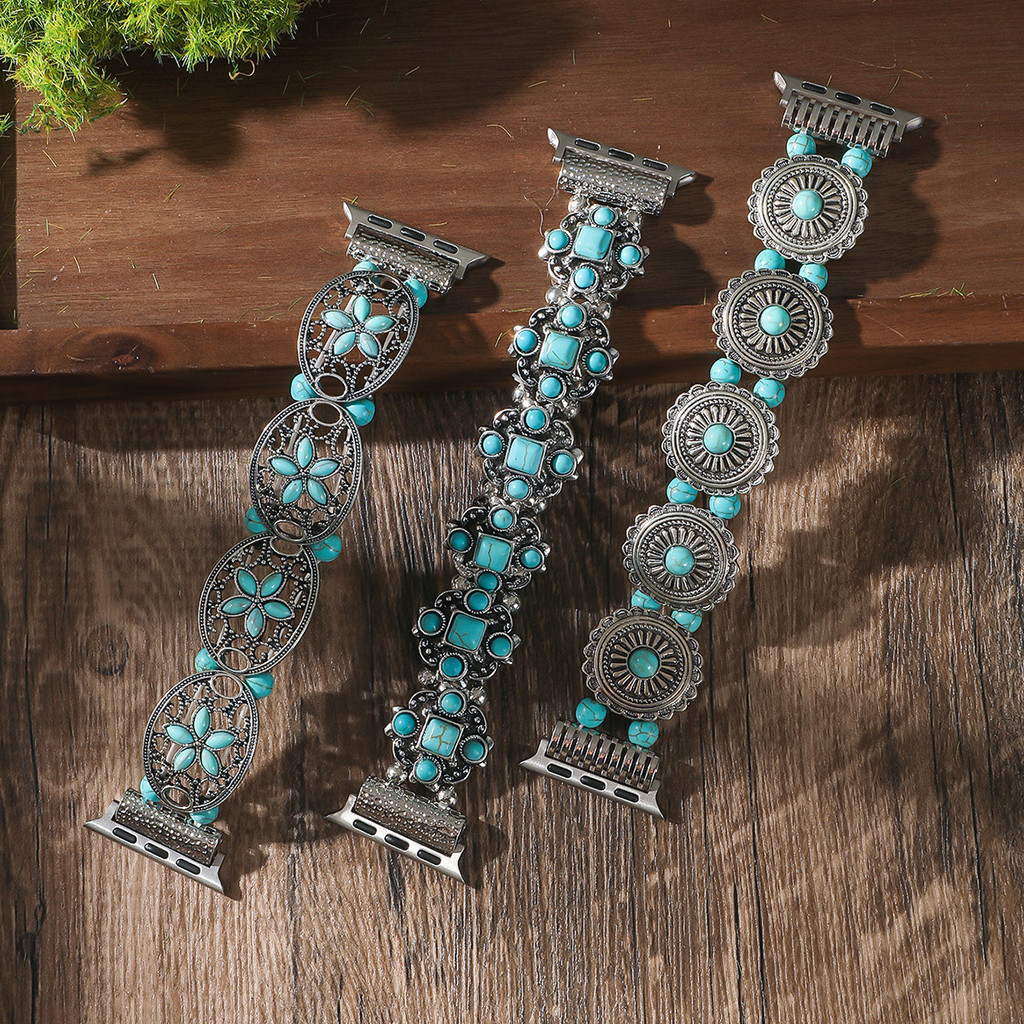 เหมาะสําหรับ Apple Watch Bohemian Style Turquoise Elastic Strap apple watch สายนาฬิกาลูกปัด